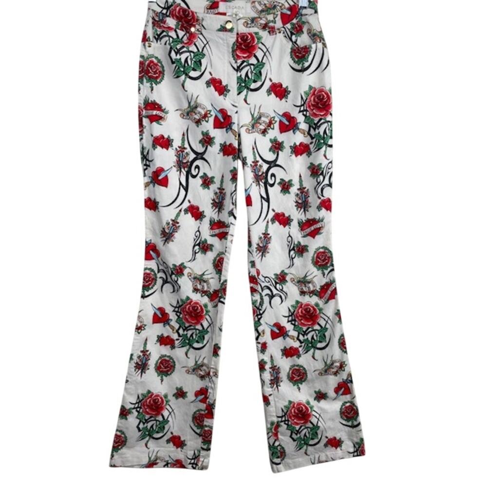 Escada vintage tatoo print pants with roses and hearts.